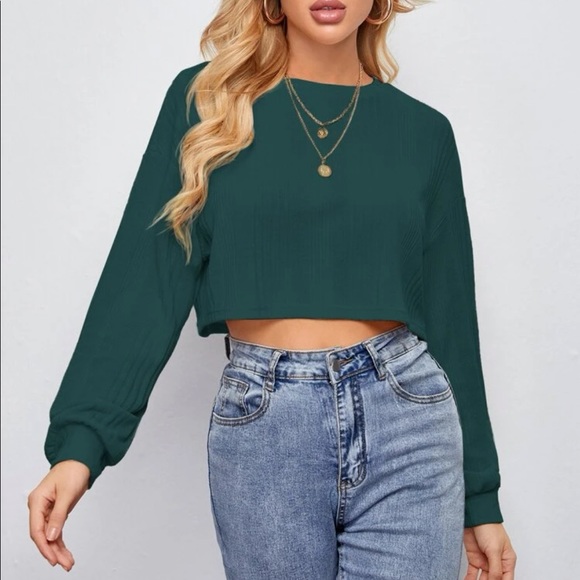 Tops - Drop Shoulder Oversized Crop Long Sleeve